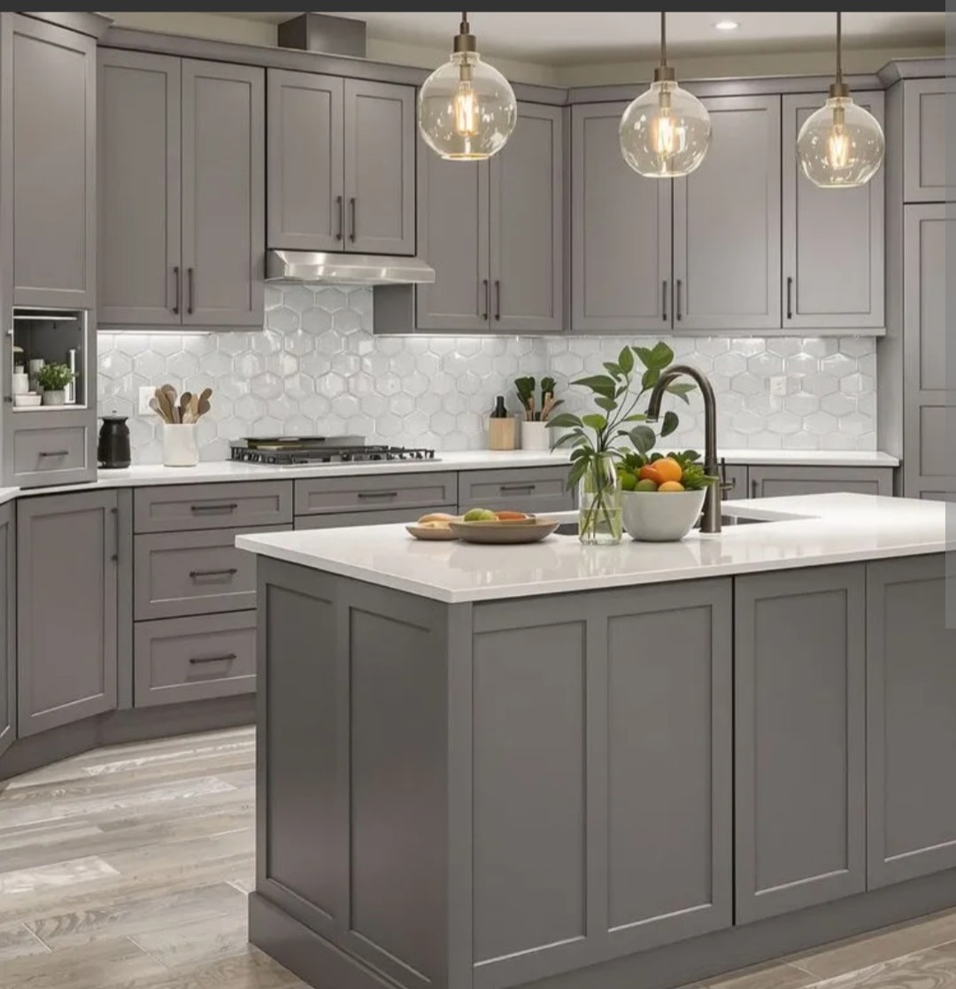 Cottage kitchen with black cherry cabinets, slate grey edging and granite worktop, alternate view